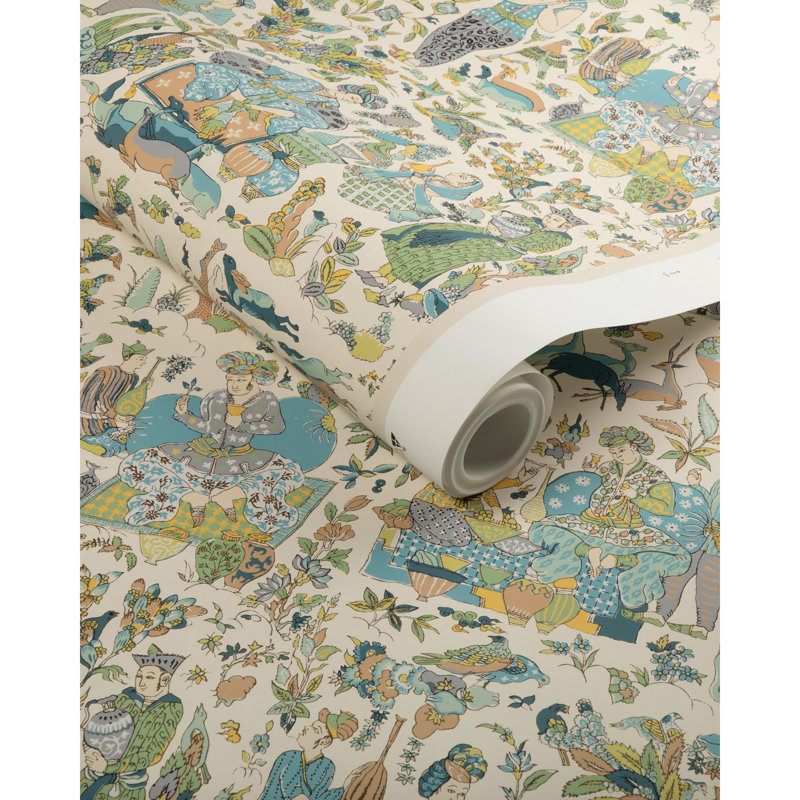 La Menagerie Shalimar Toile Paper Roll, Aqua/Leaf