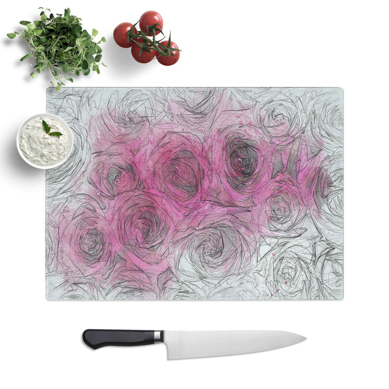 Tempered Glass Wall of Bright Pink Roses in Abstract Chopping Board, 28.5 cm W x 20 cm L