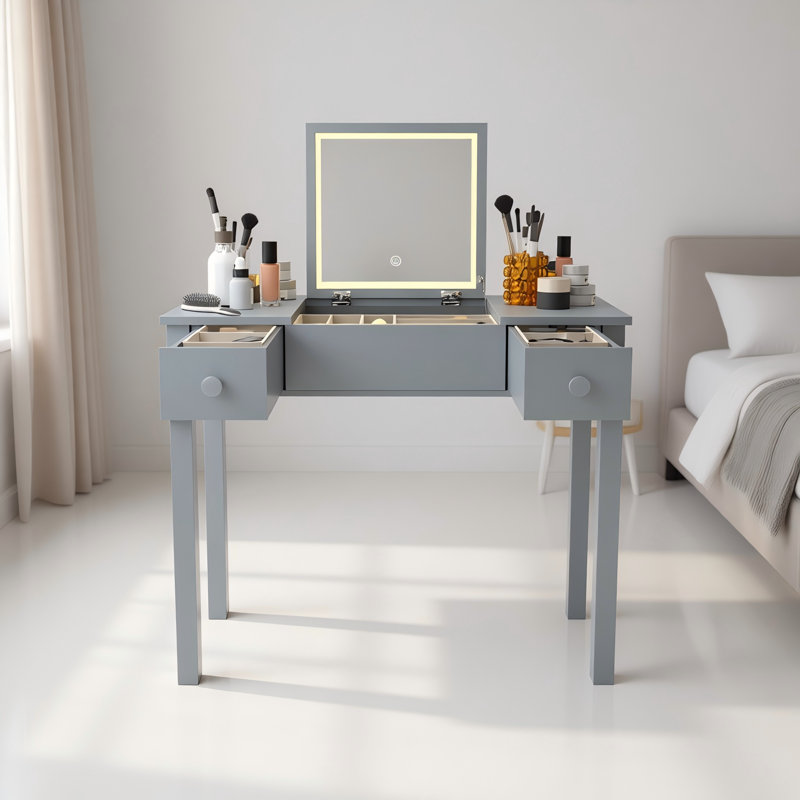 Coiffeuse de maquillage Baloye avec miroir rabattable et 3 modes de luminosité réglables, Gris