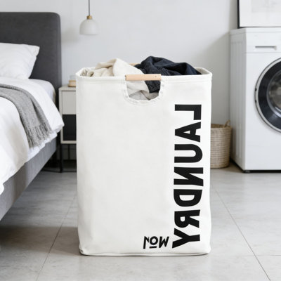 Panier à linge pliable avec poignées en bois - Panier de rangement en lin de coton grande capacité pour les vêtements, les jouets et l'organisation de la salle de bain