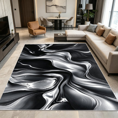 1PC Black Silver Fluid Abstract Marble area rugs for Living Room, Soft, All seasons, Easy-maintain, Washable Indoor mat, Farmhouse suitable for living room, bedroom, dining room, entryway, home office, patio, Home Decor, Outdoor Decor.