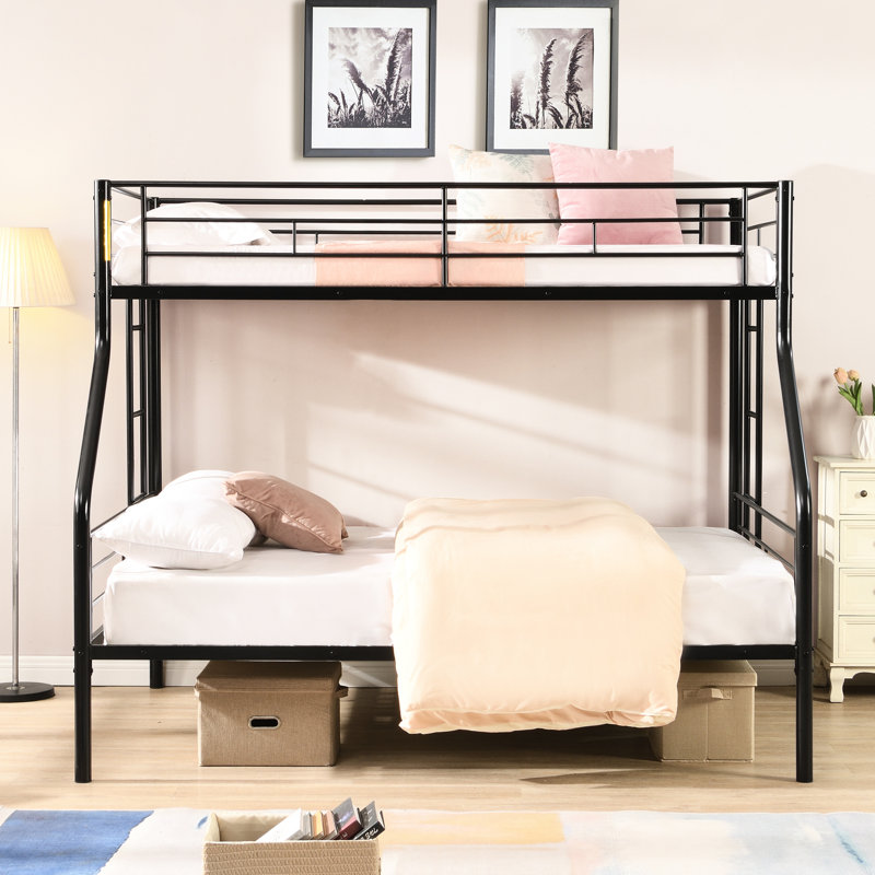 Lit superposé simple au-dessus d'un lit double en métal, pas de sommier nécessaire, rangement spacieux sous le lit, assemblage simple, style contemporain, structure stable, fonctionnement silencieux, marche sécuritaire, 78,7 po de longueur, 56,3 po de largeur, 65 po