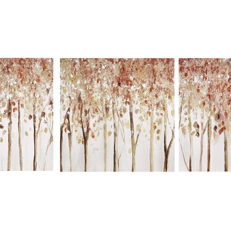 Toile d'automne - 3 pièces, accessoire de décoration intérieure, peint à la main, suspendu, 27 po x 27 po et 13,5 po x 27 po, chatoiement rouge, toile, scène d'art texturée en gel, 3, texture faite à la main, montage, teint
