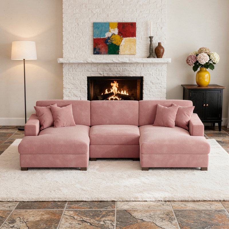 Canapé modulaire en velours côtelé, H 33 po x l 116 po x P 63 po, Velours côtelé rose