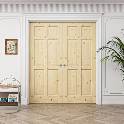 Interior 6-Panel Pine Wood Door, Colonial Natural Solid Pine Double French Doors, White Frame & Satin Nickel Hardware-Privacy Door Lever with Lock, Latch & Hinges, Unfinished & Paintable, Pantry, Room, Bedroom, Bathroom & Closet, 72"x 80"