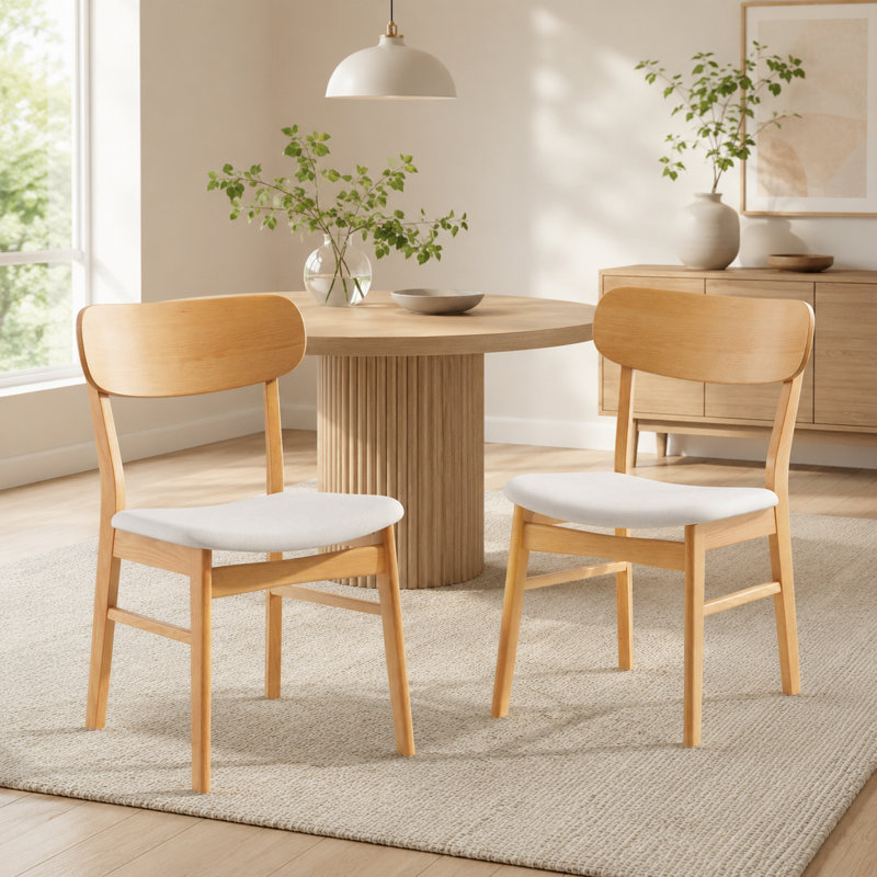 Ensemble de 2 chaises de salle à manger rembourrées en bois d'hévéa avec dossier incurvé, Light Beige
