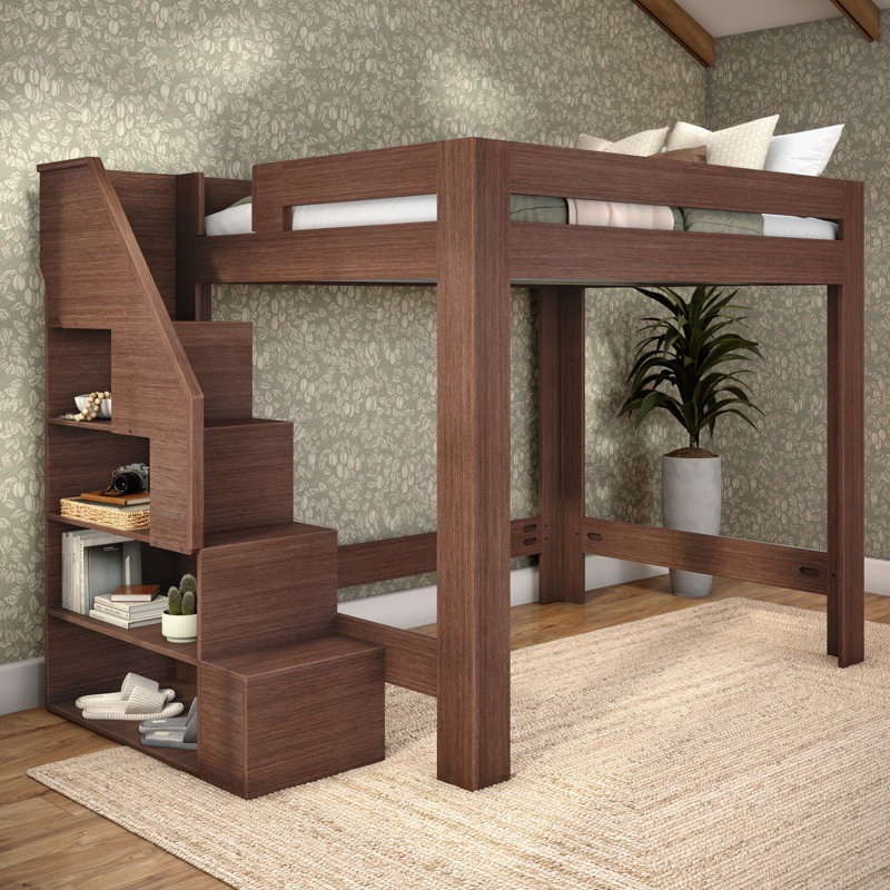 Olympic Queen Loft Bed with Stairs, Embossed Brown