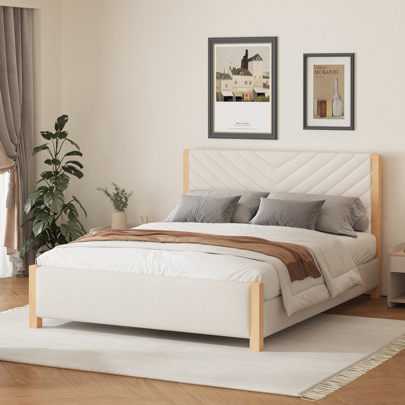 Structure de lit tapissier moderne Mid-Century avec tête de lit capitonnée et pieds en bois massif, Beige