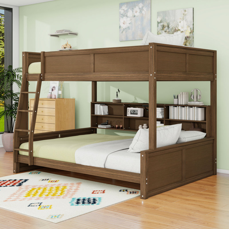 Lit superposé en bois avec ports USB intégrés et tablettes, échelle, Double TG sur grand, Bois antique