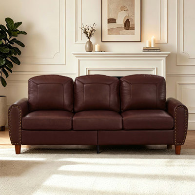 Classic Rolled Arm Sofa with Solid Wood Legs and Breathable Leather
