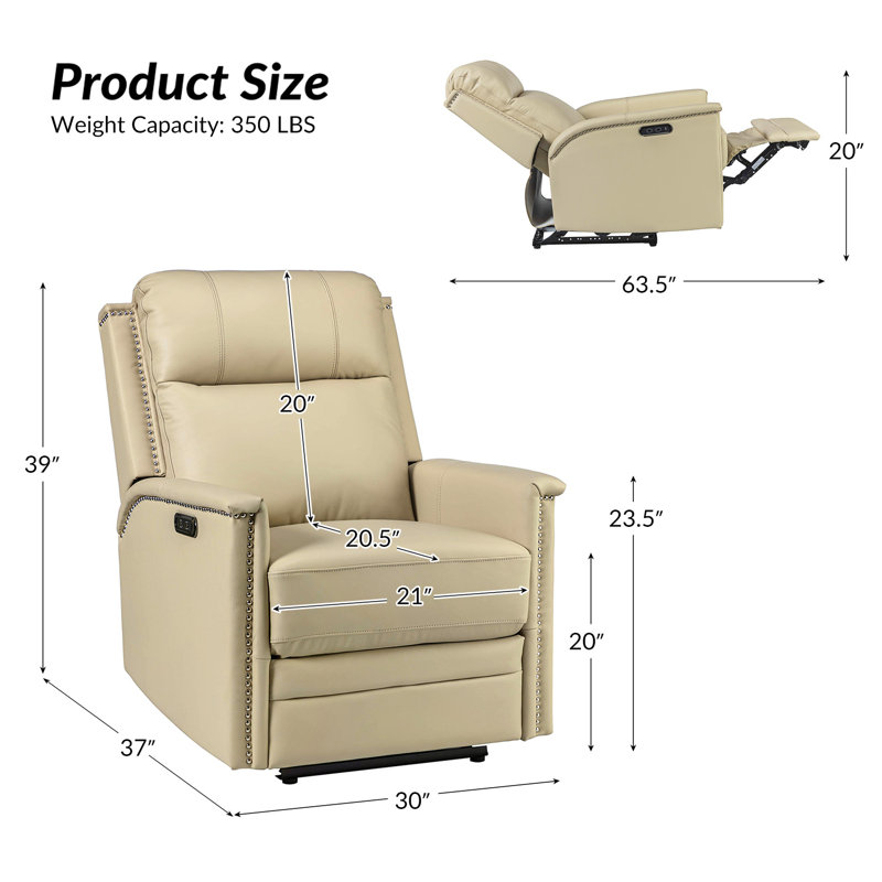 Fauteuil inclinable électrique en cuir véritable avec garniture cloutée et port USB intégré, Cuir véritable beige