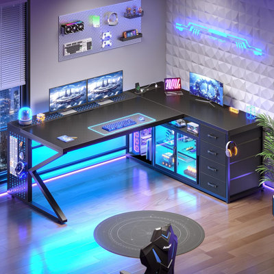 L Shaped Gaming Desk, Corner Executive Computer Desk with 4 Drawers and Storage, LED Lights and Acrylic Cabinet for Home Office, Carbon Fiber Black