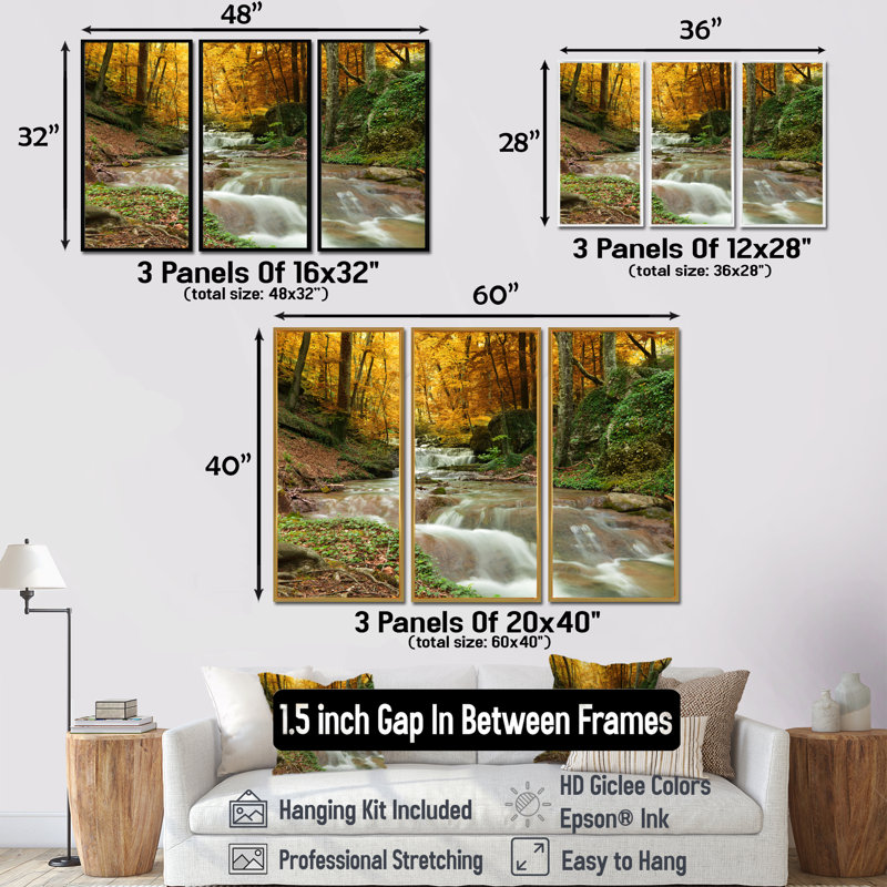 Forêt, cascade avec arbres jaunes - ensemble d'art mural sur toile encadré paysage, H 28 po x l 36 po, Argent argent