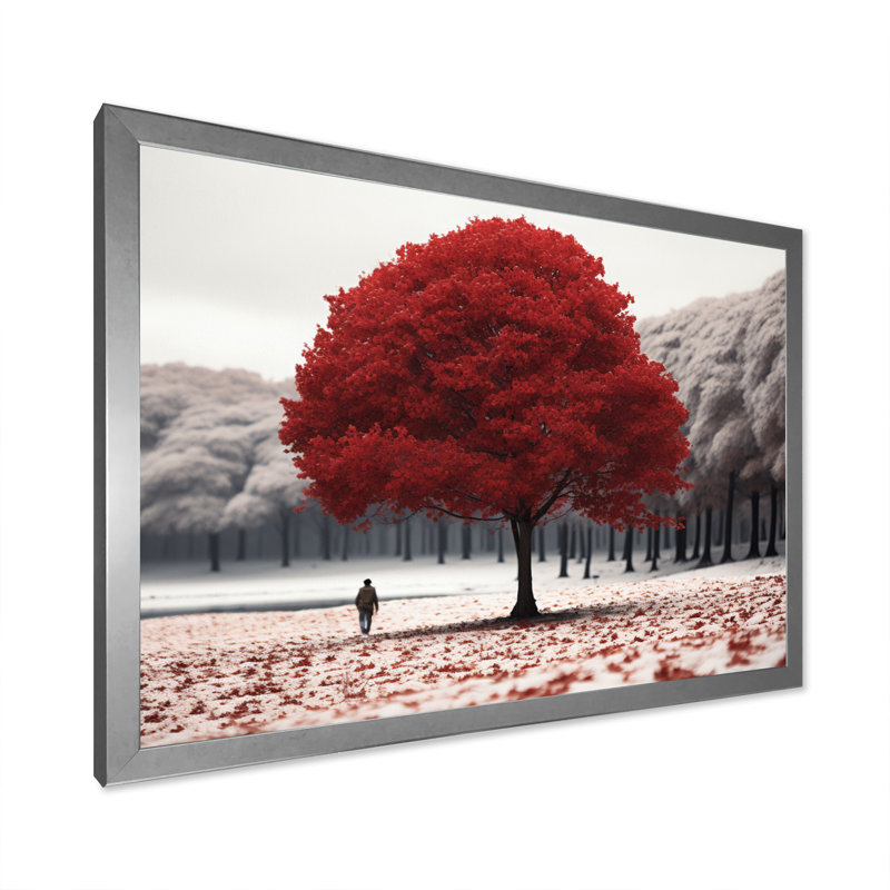 "Red and Grey Tree Solitude I", reproduction d'art sur toile, H 12 po x l 20 po x P 1 po, Cadre simple argenté