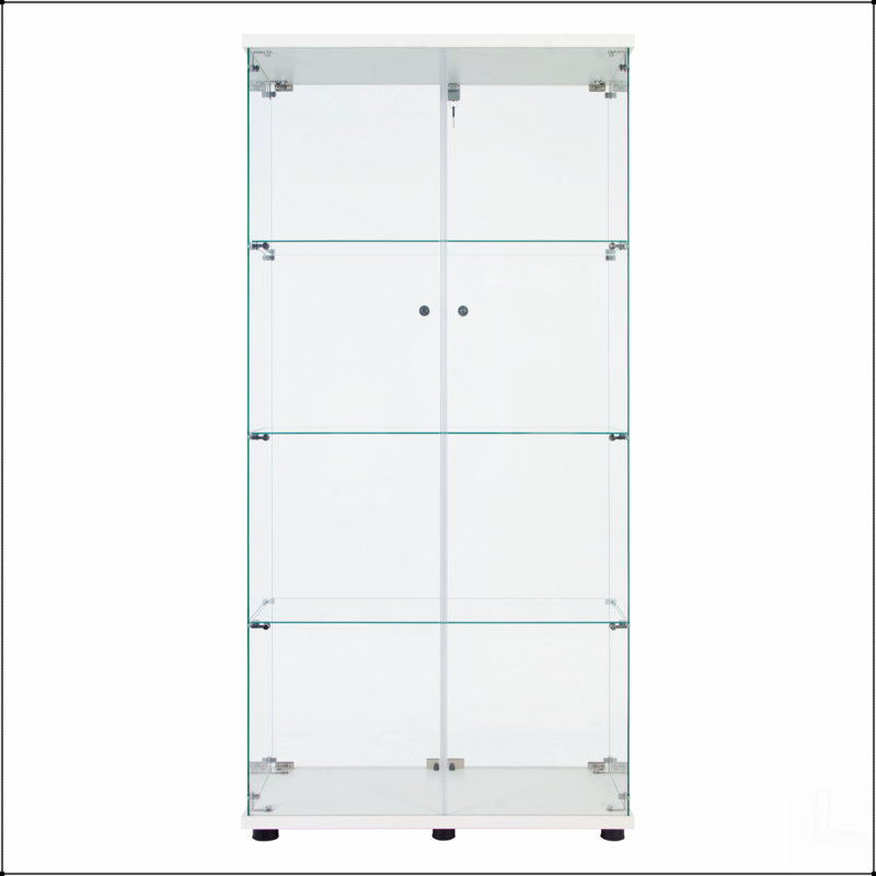 Lighted Two Door Glass Cabinet Glass Display Cabinet with 4 Shelves, Black