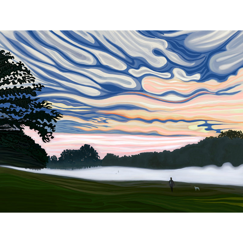 Brouillard et prairie, 7 h Par Evan Sklar, H 25,2 po x l 31,2 po, Papier avec cadre noir