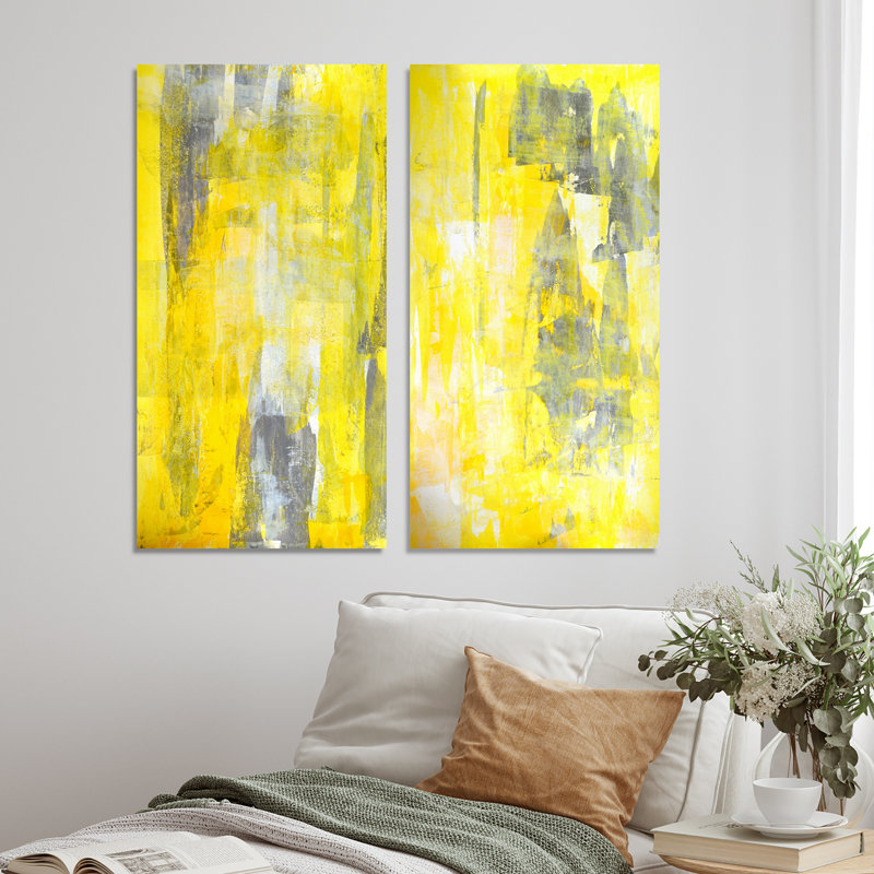 «Gray and Yellow Merging Abstract IV», ensemble de 2 peintures sur toiles, Toile tendue, H 20 po x l 24 po x P 1 po