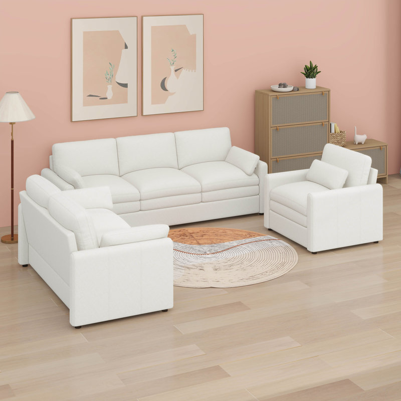 3 Pieces Oversized Cozy Sofa Set With Double Plush Cushion, Comfy Upholstered Cloud Couches, Beige