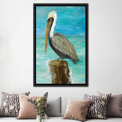 Single Pelican On Post by Julie Derice - Floater Frame Print