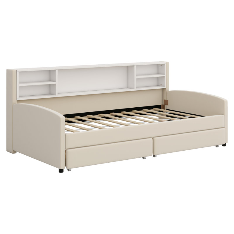 Upholstered Platform Bed With Storage And Drawers, Beige