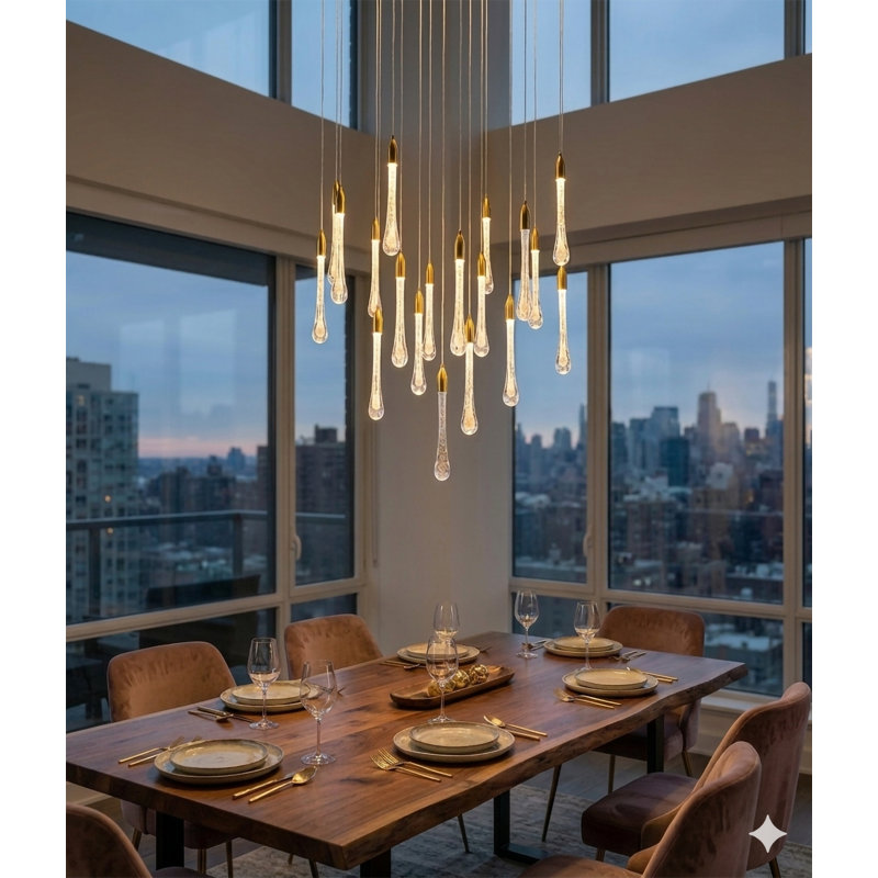 Lustre en laiton 28 lumières avec pendentifs en verre dépoussiéré