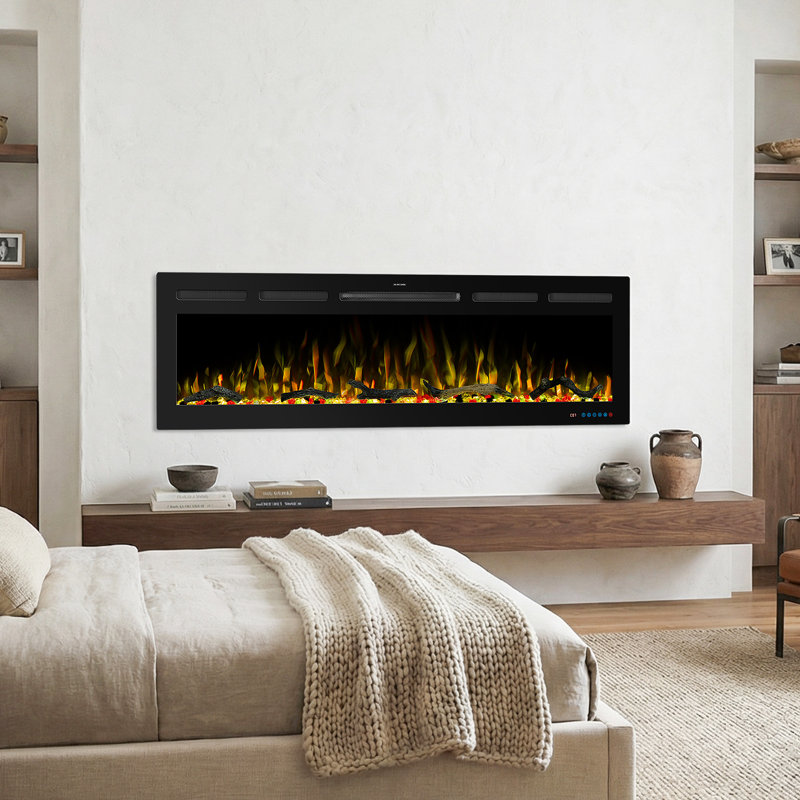 Foyer électrique encastré et mural intelligent avec flamme 3D 13 couleurs, écran tactile et télécommande et contrôle par application et commande vocale, luminosité et température réglables, minuterie, 750 W / 1500 W