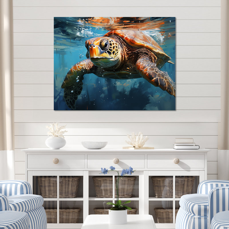Azure Wanderer I - Tortue, art mural, salon, Toile tendue, H 24 po x l 32 po x P 1 po