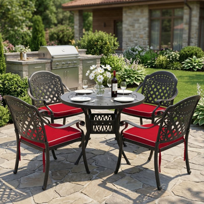 5 Pieces Patio Dining Sets With Umbrella Hole& Cushions For Outdoor Backyard Vintage Round Cast Aluminum Table Chairs,Red