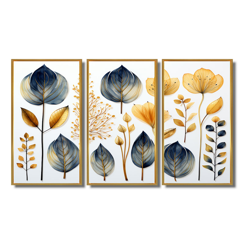 Nisa - Ensemble de décorations murales feuilles, Cadre flottant doré, H 32 po x l 48 po x P 1 po