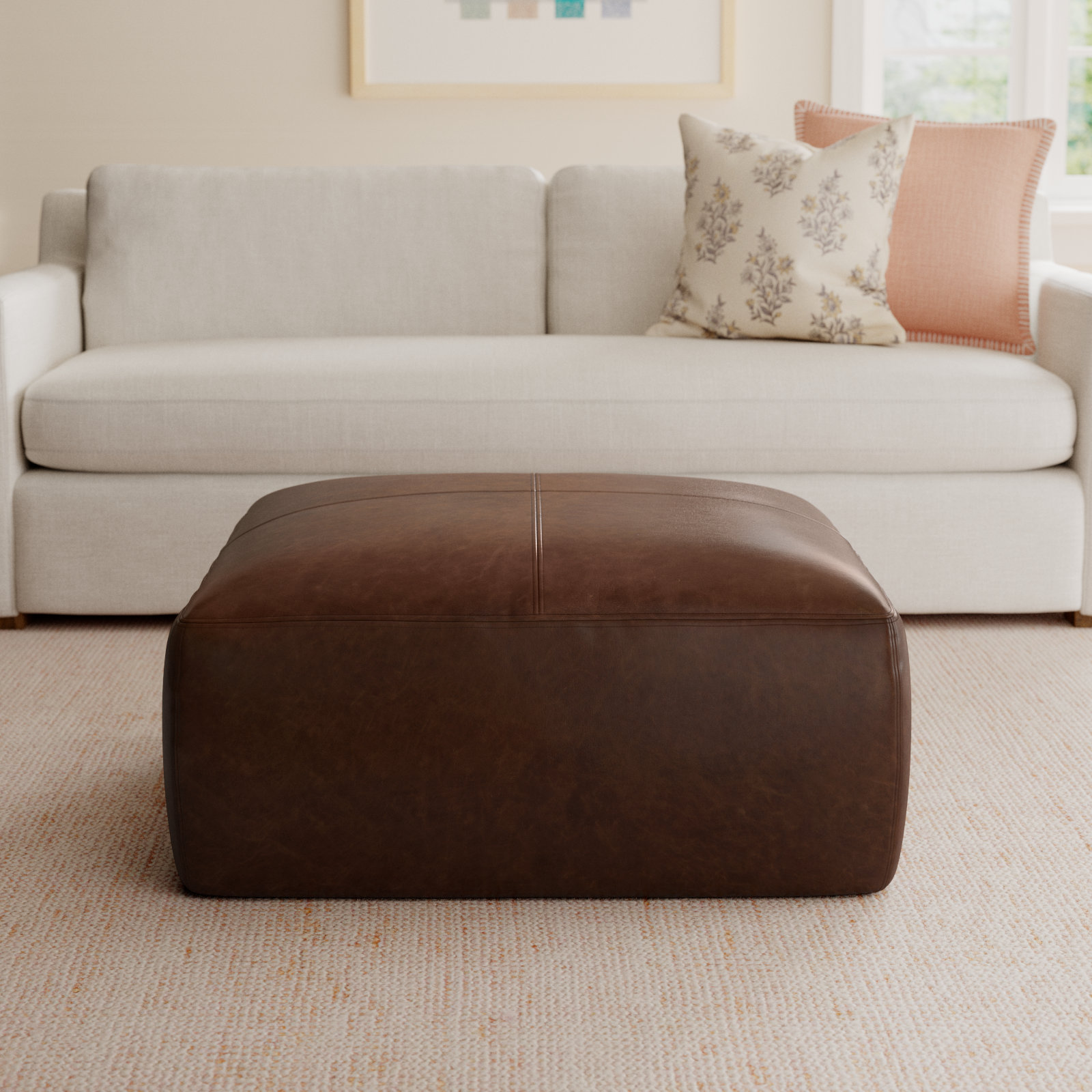 Heafield 35" Genuine Leather Ottoman, Chocolate Brown Genuine Leather