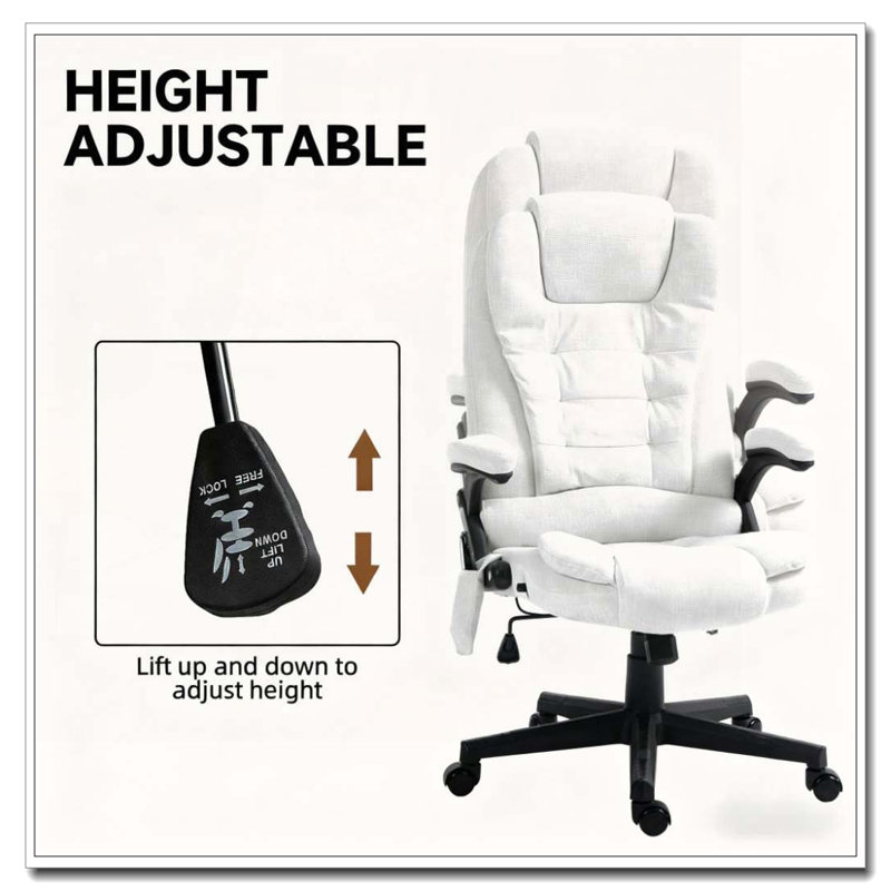 Microfiber Massage Desk Chair With Heat Function And Reclining Backrest, Cream White