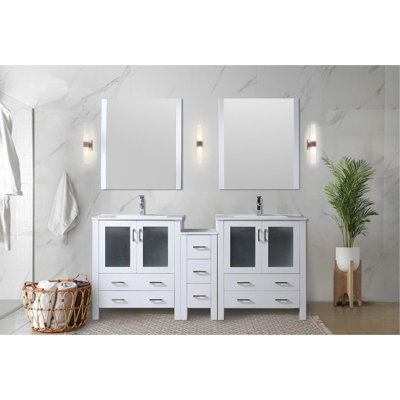 72 In. W X 18.25 D White Double Bath Vanity With Side Cabinet, Ceramic Surface, Solid Wood Construction, Soft - Close Feature, Two Interior Cabinets And Seven Drawers Storage, Stain Countertop, Pre