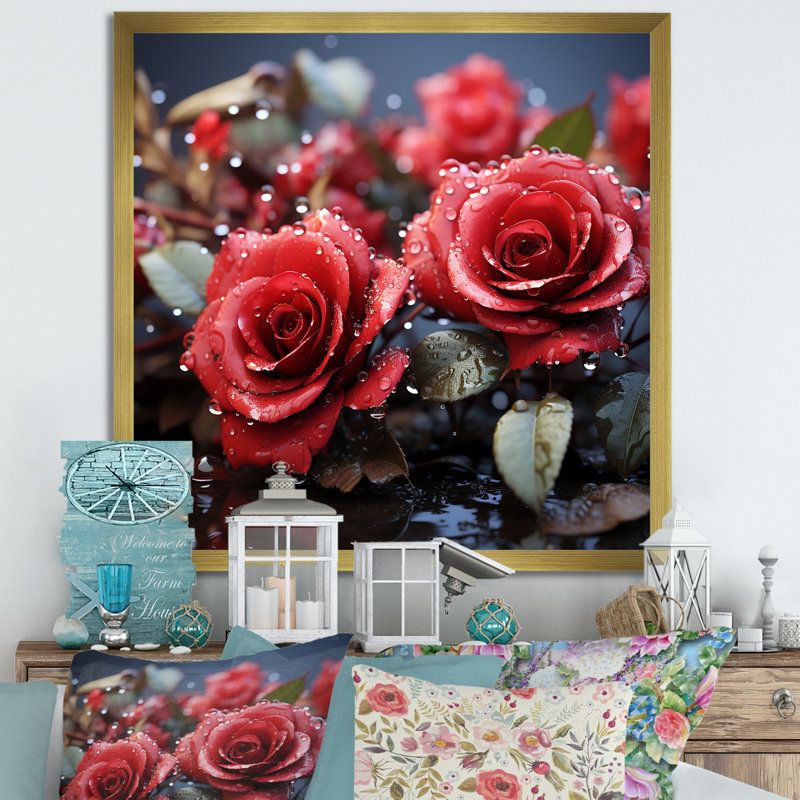 «Crimson Rose Passion III», reproduction sur toile, Cadre doré simple, H 36 po x l 36 po x P 1,5 po
