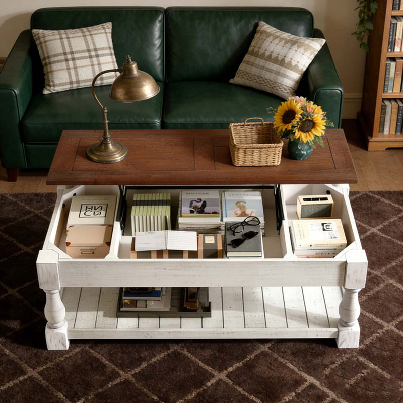 Retro Lift-Top Coffee Table Hidden Compartment Lower Storage Shelf, Antique White, Antique Espresso