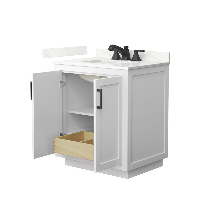 Ensemble de meuble-lavabo simple autoportant 30 po avec plateau en quartz Miranda, Giotto Quartz, Blanc, Noir mat