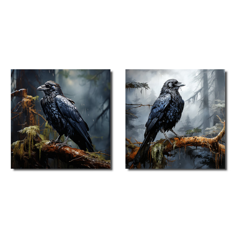 Black Raven Forest Guardian I - Raven Metal Wall Art Prints Square Set Of 2, 16" H x 32" W