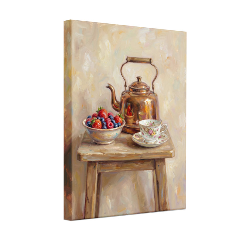 Nature morte aux plantes et aux fleurs avec une théière et des baies, H 24 po x l 16 po