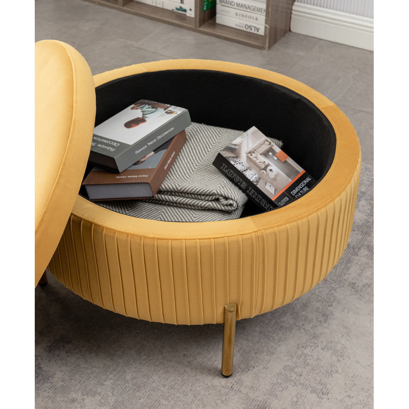Mariantonietta Upholstered Round Storage Ottoman, Yellow Velvet