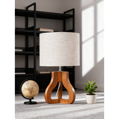 Lampe de table moderne à trépied de 14,6 pouces avec abat-jour en lin beige, interrupteur marche / arrêt, base E26 pour table de chevet, salon, bureau, style Art déco
