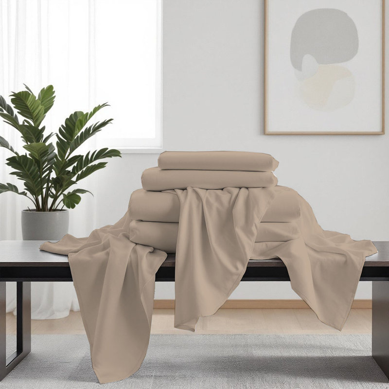 Ensemble de draps luxueux en microfibre de qualité supérieure, Ensemble de draps pour grand lit avec 4 taies d'or, Kaki pâle