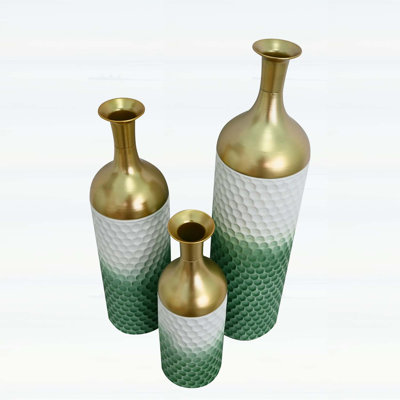 Decorative Metal Vases Set of 3, Green Leaf Pattern Floor Vases for Home and Living Room Decor