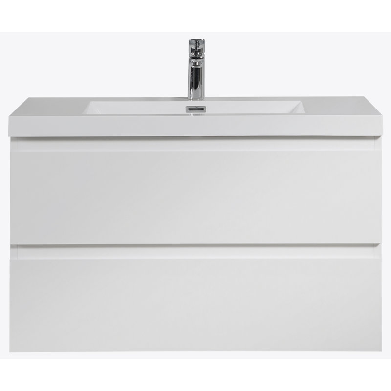 Meuble-lavabo flottant 36 po avec lavabo, rangement mural moderne 36 po, Blanc lustré, Blanc / Blanc