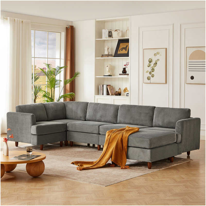 Modern Modular Sectional Couch,6 Seaters Sleeper Sofa Upholstered Corduroy Free Combination Sofa(Grey), Grey