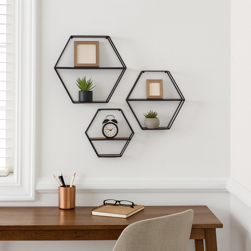 Sculpture hexagonale en métal et bois pour décoration intérieure - Décoration murale décorative pour chambre à coucher ou bureau - ensemble de 3, 26 po, 24 po, 21 po, noir