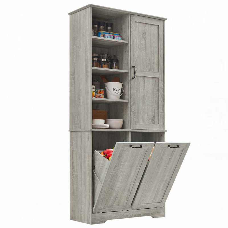 Bathroom Storage Cabinet with Doors and Drawers, Tilt-Out Laundry Hamper, Multiple Storage Space, Oak