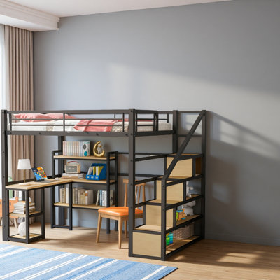 Lit mezzanine double en métal avec escalier, bureau intégré et tablettes