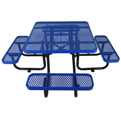 Table de pique-nique carrée d'extérieur en acier bleu 46 po avec mât de parasol
