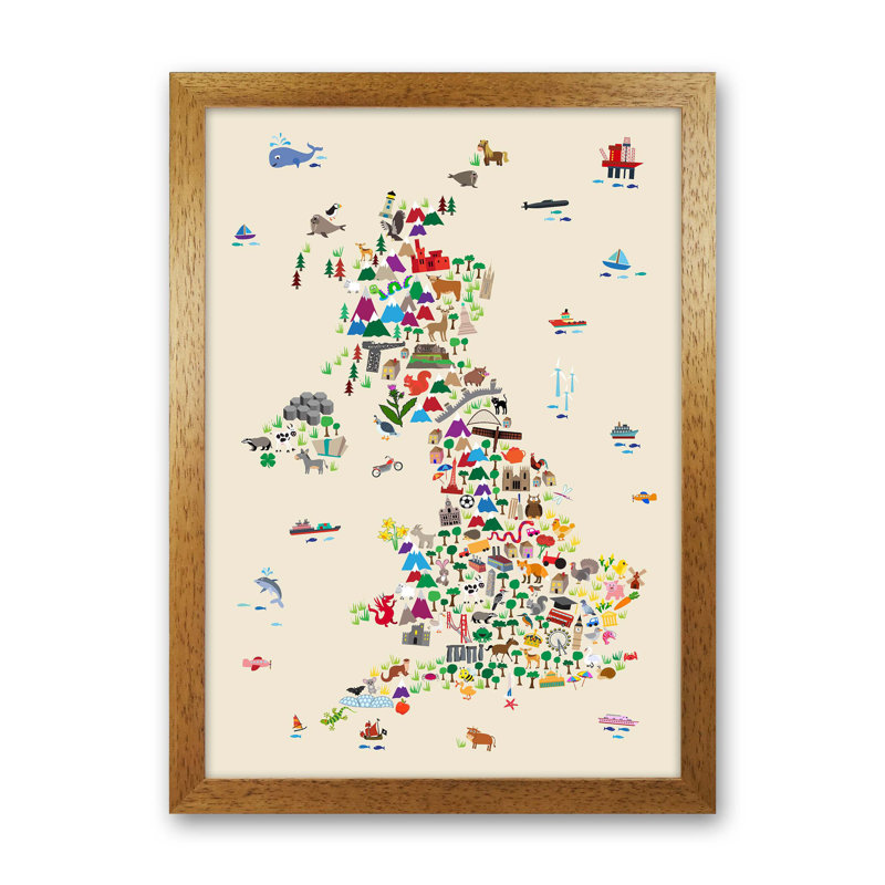 Animal Map of Great Britain by Michael Tompsett - Graphic Art, Brown Framed, 34cm H x 25cm W x 3cm D, Begie