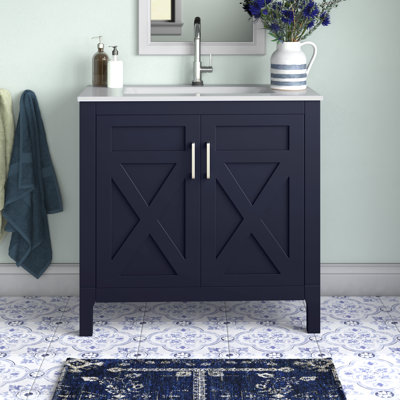 Anvay 36 in. Single Sink Freestanding Bath Vanity in Marine Blue with White Ceramic Top