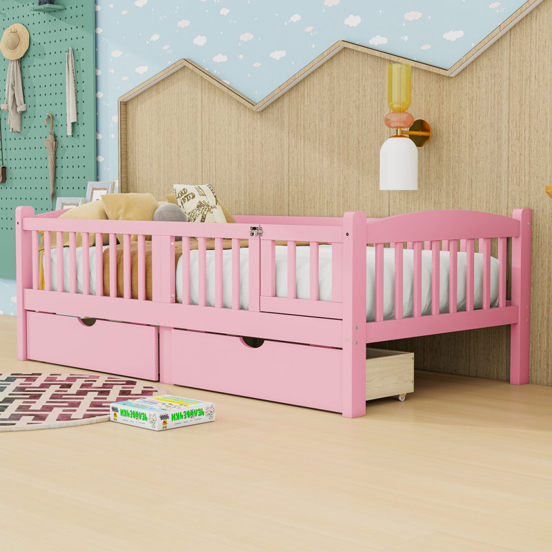 Lit plateforme en bois avec 2 tiroirs et garde-corps, Lit simple, Rose